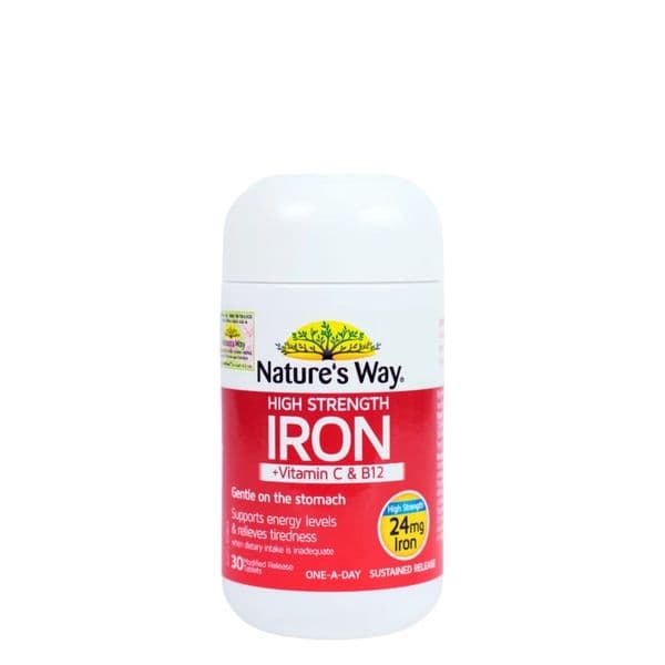 Viên Uống Bổ Sung Sắt Hữu Cơ Nature's Way High Strength Iron + Vitamin C + B12 30 Viên